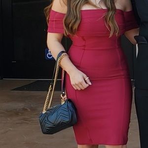 Burgundy off the shoulder bandage dress